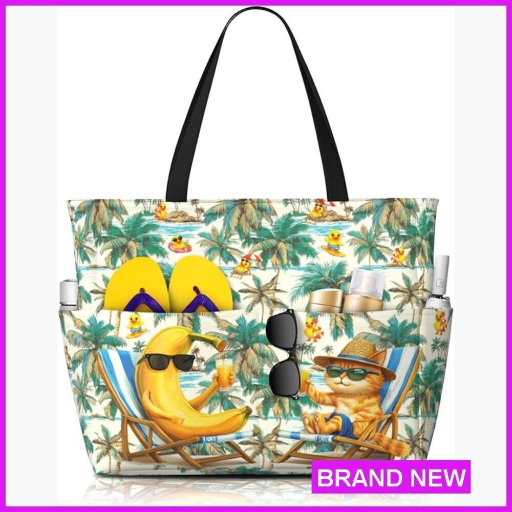 Waterproof Extra Large Beach Tote with Zipper Compartments Tropical Design